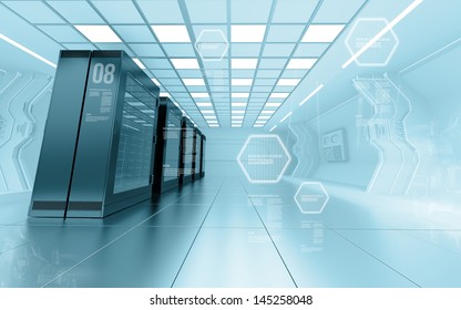 Internet Provider Server Room In Futuristic Interior Of Data Center