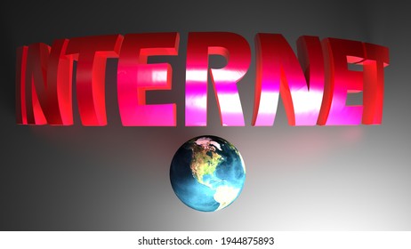 INTERNET red bent write on black background, with planet Earth - 3D rendering illustration