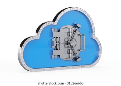 Internet Security Concept. 3d Cloud With Safe Door On A White Background