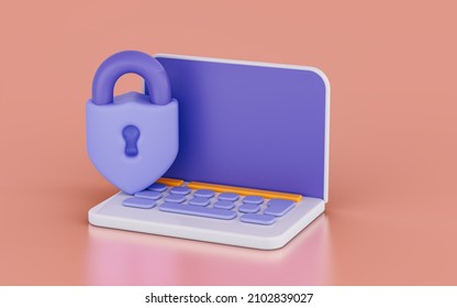 Internet Security Shield Lock With Laptop 3d Render Concept For Online Data Protect On Computer