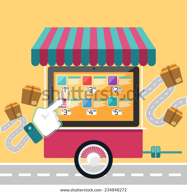Internet shopping concept smartphone with awning\
of buying products via online shop market store and road delivery\
box e-commerce ideas e-commerce symbols sale elements on\
background. Raster\
version