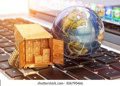 Internet-Shopping und E-Commerce, Paketzustellungskonzept, globales Frachtverkehrsgeschäft, Frachtcontainer mit Kartonboxen und Erdkugel auf Laptop, 3D-Illustration (Elemente der NASA)