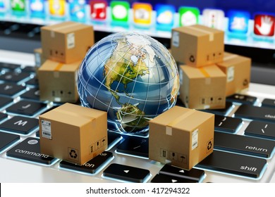 Internet-Shopping, Online-Einkäufe, E-Commerce, Paketzustellungskonzept, globales Transportgeschäft, Stapel von Kartonboxen und Erdball auf dem Computer, 3D-Illustration (Elemente der NASA)