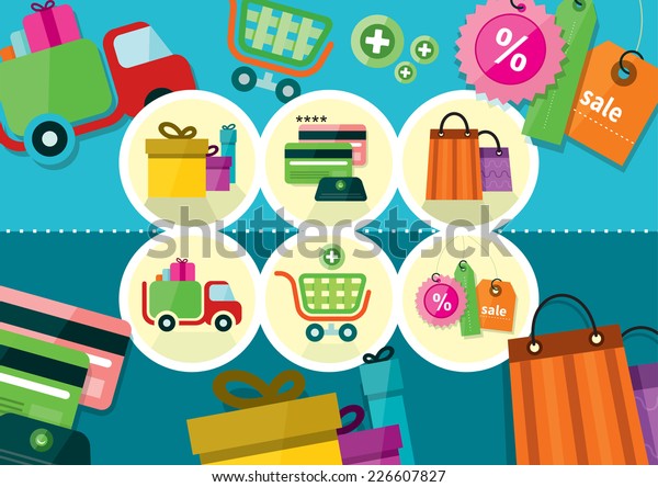 Internet shopping process and delivery. Business\
shop sale icons. Icons of buying product via online shop and\
e-commerce ideas symbol and shopping elements in flat design\
pattern. Raster\
version