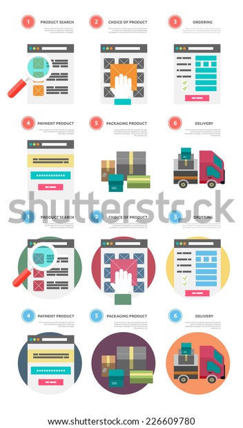 Internet shopping process of purchasing and\
delivery. Business online sale icons. Icons of buying product\
online shop and e-commerce ideas symbol and shopping elements in\
flat design. Raster\
version