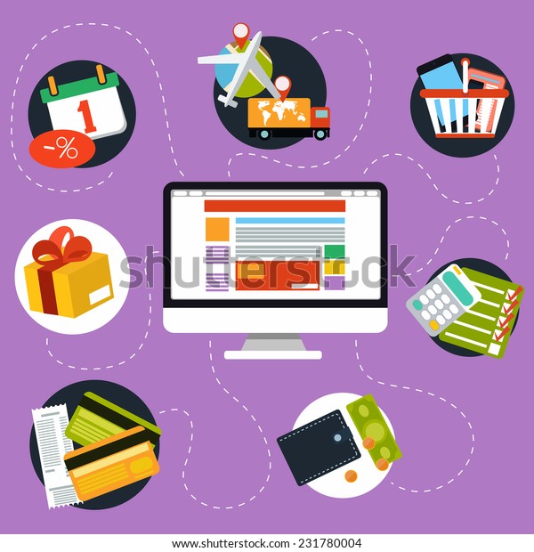 Internet shopping process of purchasing and delivery.\
Business online sale icons. Icons of buying product via online shop\
and e-commerce and shopping elements in flat design. Raster version\
