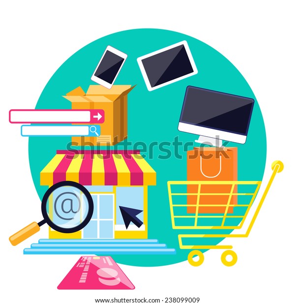 Internet\
shopping process of purchasing and delivery. Business online sale\
icons. Icons of buying product via online shop and e-commerce and\
shopping elements in flat design. Raster\
version