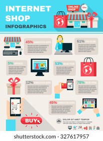 Internet shopping and web store statistics with symbols and buy button flat color infographic  illustration