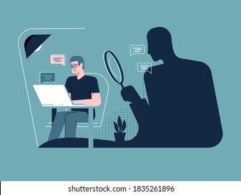 Internet Stalking Illustration Concept. Person Sitting On A Computer In His Office While A Stalker Is Watching Him From The Shadow Without Being Noticed. 