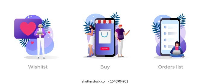 Internet store website interface. Purchases ordering, online payment. E-commerce clipart set. Wishlist, buy, my orders list metaphors. Concept metaphor illustrations