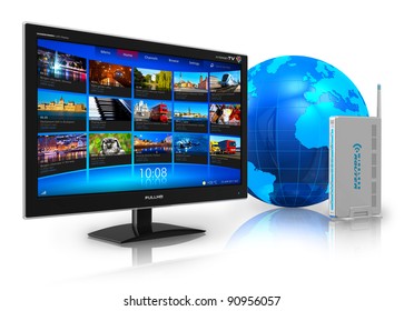 Internet Television Concept: Widescreen TV With Streaming Video Gallery, Blue Earth Globe And Wireless Router Isolated On White Reflective Background