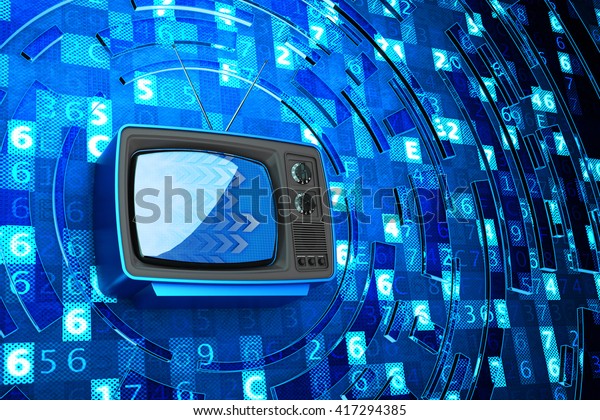 Internet television,\
telecommunication, broadcasting media and computer technology\
concept, blue retro tv set receiver on blue digital code\
background, 3d\
illustration