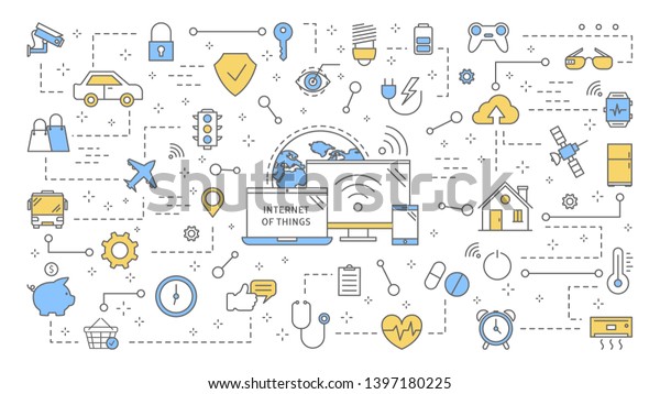 Internet of things concept. Modern global\
technology. Connection between devices and house appliances. Idea\
of smart home. Isolated flat \
illustration