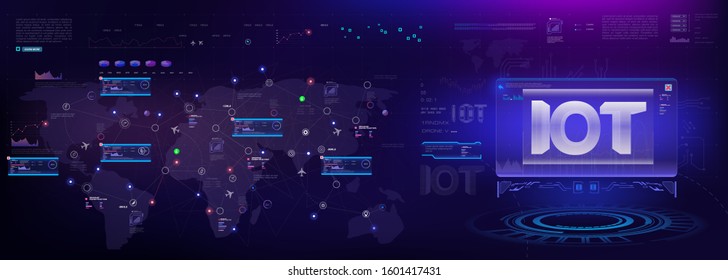 Internet of things (IoT) Networking concept for connected devices. Spider web of network connections on the world map