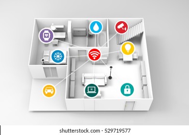 Internet Of Things , Iot , Smart Home , Network Connect Concept. 3D Rendering Of Room And Furniture,wifi,smart Watch,light,security,movie,car,temperature,smart Watch,security Camera Controller Icons