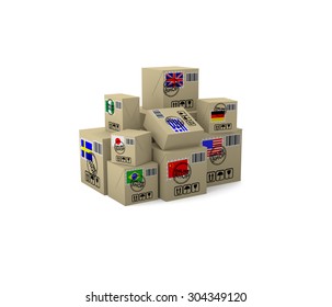 Internet trade. Goods in boxes with the flags of different countries.  3d illustration on a white background. Render. 