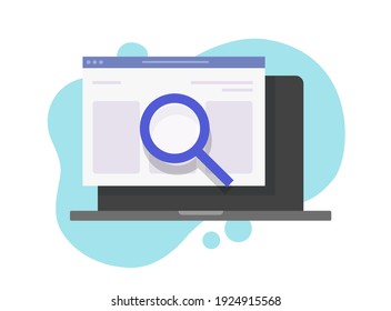 Internet Web Page Development Analysis Or Search Engine Optimization Research Concept Flat Cartoon, Website Inspection Idea Via Magnifying Glass, Content Research, Seo Audit Icon Image