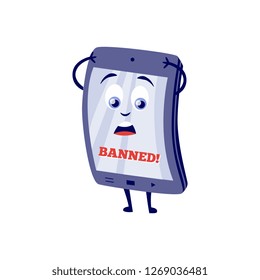 Internet website access forbidden concept with shocked tablet character with banned message holding hand. Web ban symbol. Global communication problems and modern technologies. illustration.