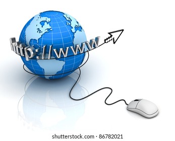 Internet World Wide Web Concept, Earth Globe With Computer Mouse With Arrow Cursor On White Background