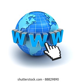 Internet World Wide Web Concept, Earth Globe With Www Text And Computer Hand Cursor Isolated On White Background