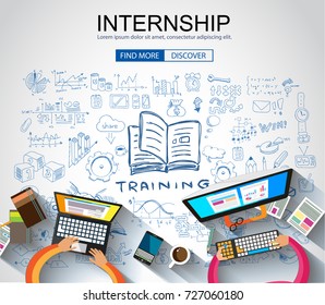 Internship Concept With Business Doodle Design Style: Online Formation, Webinars, Elearning Tips. Modern Style Illustration For Web Banners, Brochure And Flyers.