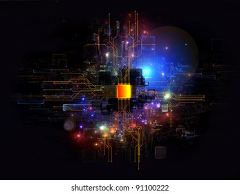 Interplay Of Computer Chip, Abstract Rectangular Units, Colors And Lights On The Subject Of Cloud Computing, Data Storage And Modern Technologies