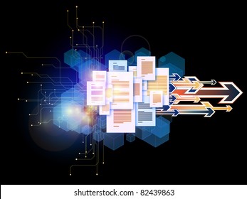 Interplay Of Document Pages And Abstract Graphic Elements On The Subject Of Document Processing, Office, Communications, Information Sharing And Virtual Reality