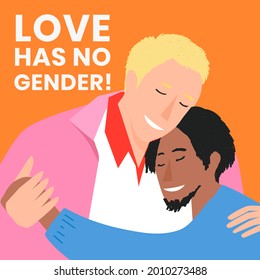 Interracial gay couple embracing with love has no gender! text