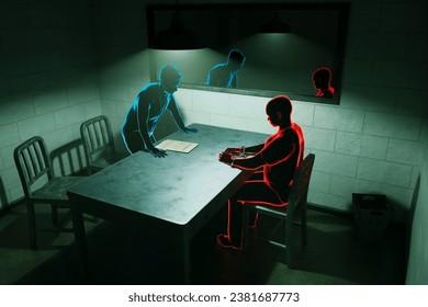 Interrogation room detective interrogating suspect Police work investigation. 3D Illustration