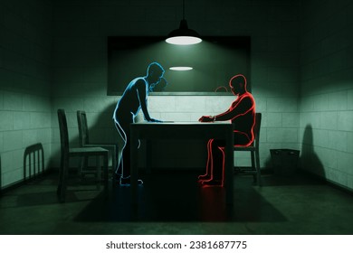 Interrogation room detective interrogating suspect Police work investigation. 3D Illustration