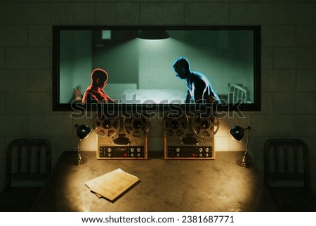 Interrogation room detective interrogating suspect Police work investigation. 3D Illustration