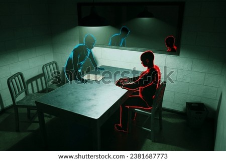Interrogation room detective interrogating suspect Police work investigation. 3D Illustration