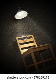 Interrogation Room With One Wooden Chair Illuminated With Spotlight And Handcuffs
