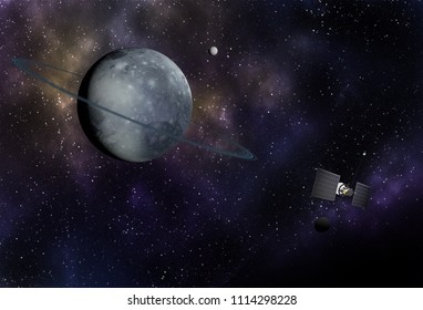 Interstellar spaceship flying to vibrant outer space with stars, nebula and planets. 3D illustration