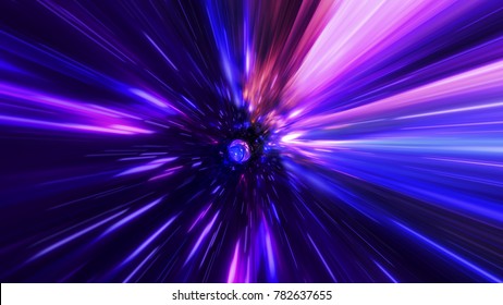 Interstellar, Time Travel And Hyper Jump In Space. Flying Through Wormhole Tunnel Or Abstract Energy Vortex. Singularity, Gravitational Waves And Spacetime Concept.