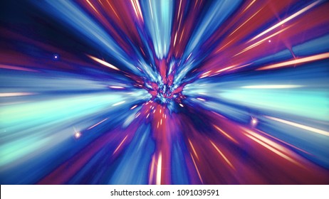 Interstellar Travel Through A Blue And Red Wormhole Filled With Stars. Space Journey Through Time Continuum. Warp In Science Fiction Black Hole Vortex Hyperspace Tunnel