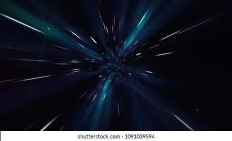 Interstellar Travel Through A Dark Blue Wormhole Filled With Stars. Space Journey Through Time Continuum. Warp In Science Fiction Black Hole Vortex Hyperspace Tunnel