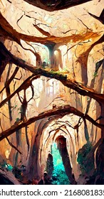 Intertwined tree trunks and cave scene