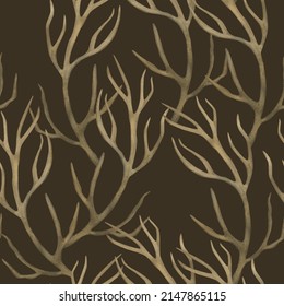 Intertwining tree branches. Watercolor plants. Seamless pattern on brown background. Illustration for wallpaper, fabric prints, prints.