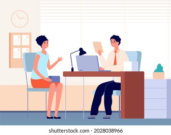 Interview with boss. Job occupation, female communication in office with businessman or hr manager. Recruitment employee illustration - Powered by Shutterstock