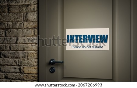 Interview, please do not disturb. The sign hangs on a white door. Left to the door is a old white brick wall. 3D illustration