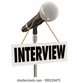 Interview Word On Hanging Sign On Microphone To Illustrate Questions And Answers For A Speaker Or Panel Discussion