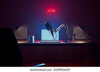 An intimate glimpse into a professional podcast recording studio, equipped with high-quality microphone, laptop, studio monitors, and a vibrant 'On Air' sign in a dimly lit ambiance. - Powered by Shutterstock