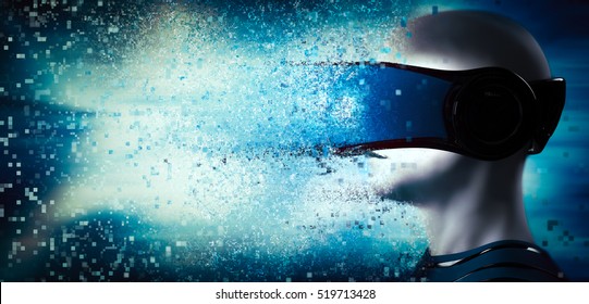 Into virtual reality world. Man wearing goggle headset. Future technology. 3D rendering