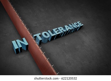 Intolerance And Intolerant Concept As A Border Wall Dividing A Word Representing Prejudice And Discrimination As A 3D Illustration.