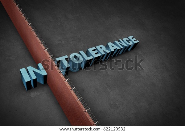 Intolerance and intolerant concept as a\
border wall dividing a word representing prejudice and\
discrimination as a 3D\
illustration.