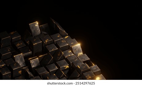 Intricate 3D cityscape of metal columns with geometric precision. Black and gold textured posts form urban patterns. 3D Illustration - Powered by Shutterstock