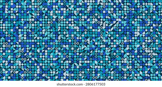 Intricate abstract geometric pattern features small shapes like squares, circles, and triangles, forming a cool-toned complex mosaic. Seamless repeating background.