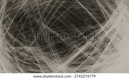 An intricate abstract pattern of thin white lines crisscrossing against a dark, almost black background, creating a sense of depth and complex entanglement.