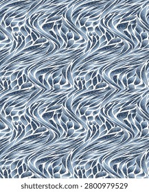 An intricate abstract seamless pattern featuring flowing organic ribbons and interwoven branch-like forms rendered in layered shades of navy, slate blue, and icy blue.